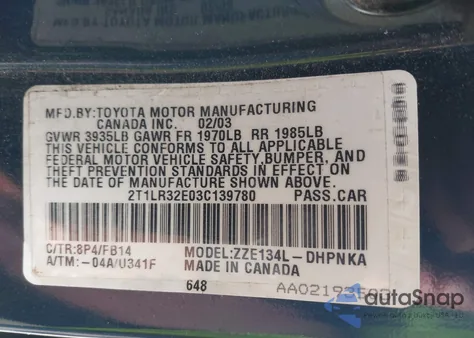 2003 Toyota Matrix Xr z USA, uszkodzony, nr VIN 2T1LR32E03C139780